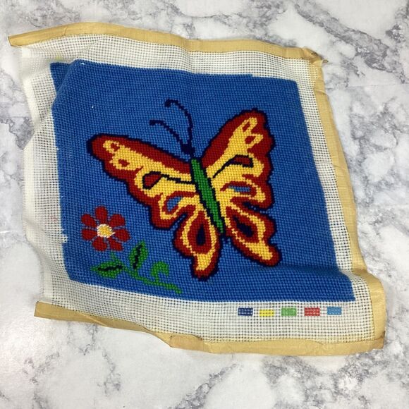 Vtg Butterfly Needlepoint Tapestry Panel Canvas Blue Red Yellow 9.25" x 8-3/4" - Picture 1 of 6